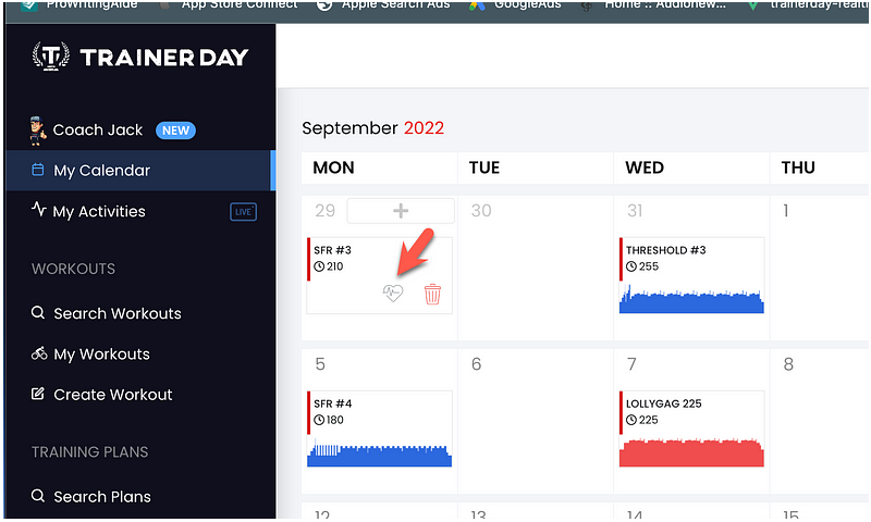 TrainerDay calendar — heart rate training